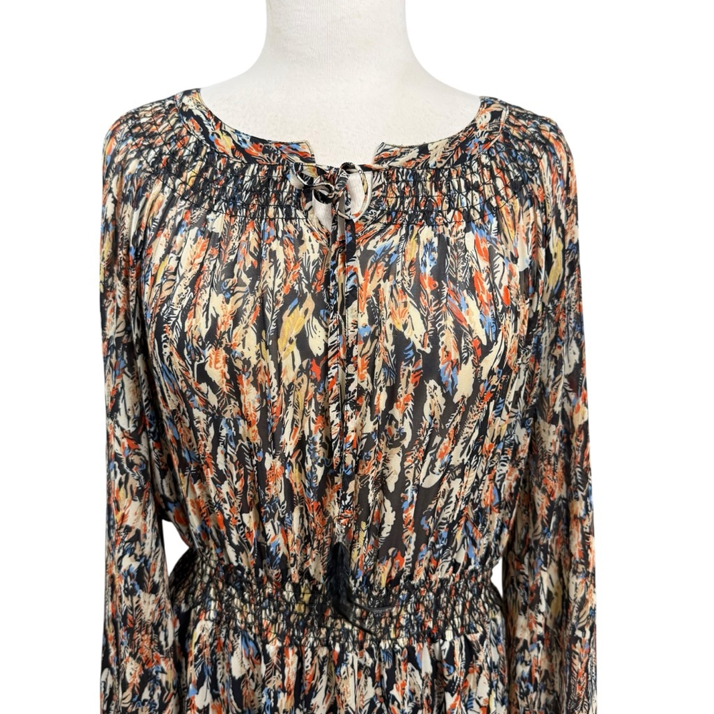 Scully Feather Print Long Sleeve Boho Mini Dress Medium - Picture 2 of 9